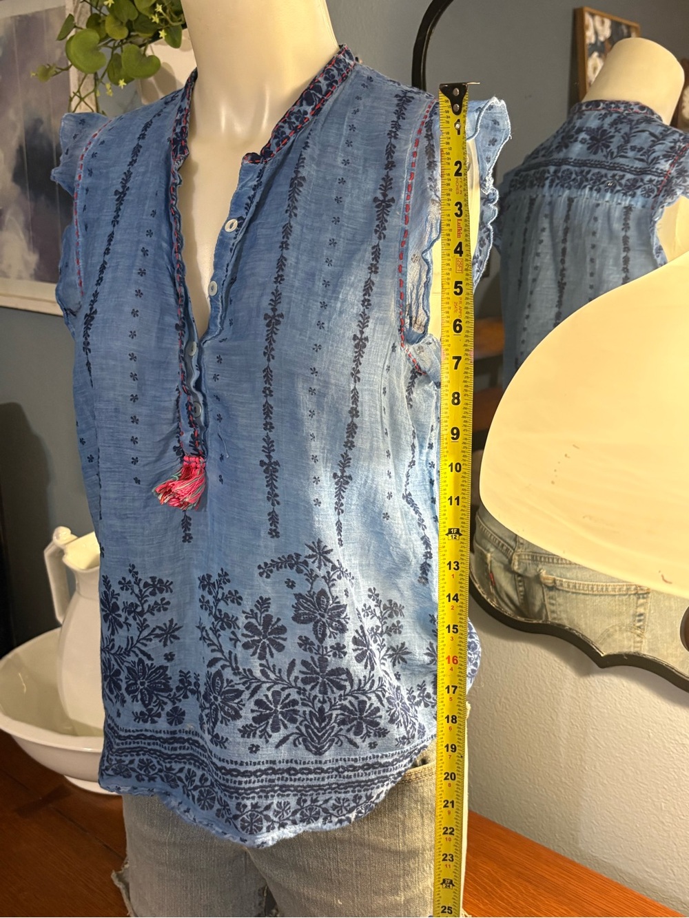 lovestitch Light Blue Sleeveless V-Neck Floral Tassel Camisole